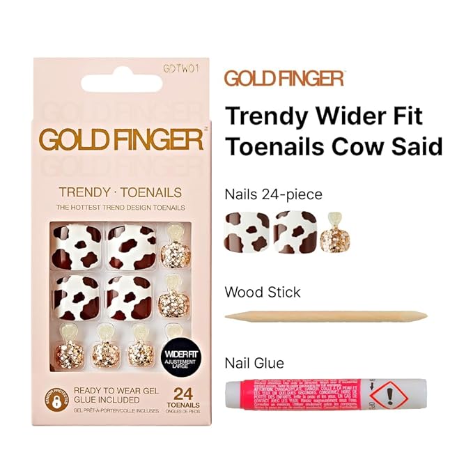 GoldFinger Trendy Press On Fake Toenail Wider Fit, Cow Animal Print & Glittering Metallic Gold Color, Ready to Wear Gel & Manicure Stick, Mini Glue included, Long-Lasting Convenient & Easy to Apply
