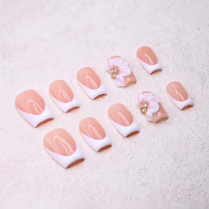 White Flower Press on Nails Thick and Muti-Layer Gel Short Coffin Fake Nails French Tip False Nails with 3D Rhinestone Designs Full Cover Artificial Stick on Nails for Women DIY (Size M)