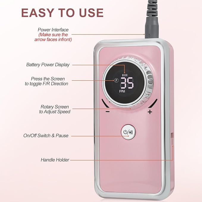 Electric Nail Drill Professional, 35000RPM Portable Efile Nail Drill with 11Pcs Nail Drill Bits, Rechargeable Nail Drill Machine with LCD Display for Acrylic Nail Remove Gel Polish for Home Salon Use