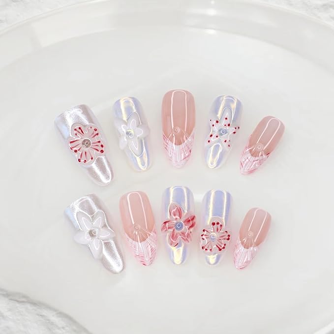 Handmade Press on Nails Luxury 3D Flower False Nails Designs Thickened Salon Quality Acrylic Nails Full Cover French Tip Fake Nails Medium Almond Stick on Nail for Women DIY Manicuare（Size S)