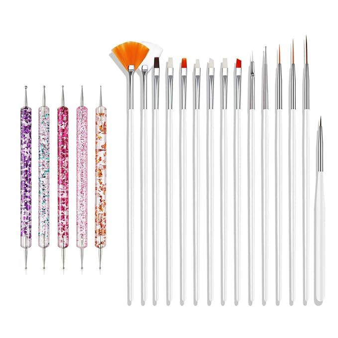 Nail Art Brushes Set, 20pcs Nail Design Painting Brushes, Professional Nail Art Design Brushes, Nail Fine Liner Brushes, White