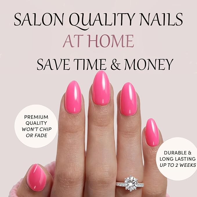 Pink Press On Nails Almond -Short Press On Nails with Nail Glue, Fit Perfectly & Natural Reusable Stick On Nails in 12 Sizes - 24PCS Soft Gel Glue On Nails Kit