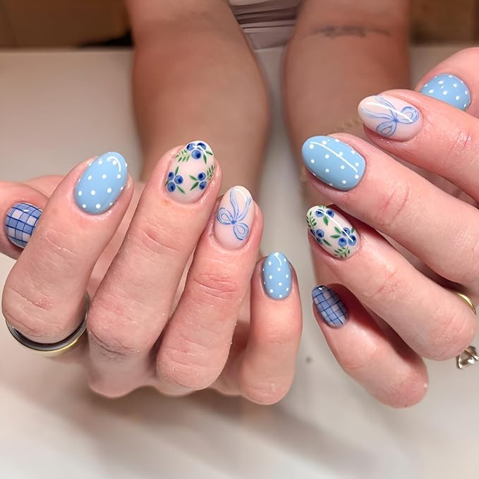 Short Almond Press on Nails Blue Fake Nails Polka Dot Nails Press Ons Blue Bow False Nails Glossy Full Cover Stick on Nail Spring Summer Glue on Nail for Women Decorations Set 24Pcs