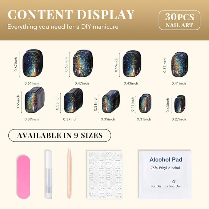 evpct Black Chrome Cat Eye Short Press on Nails Square, Short Square Stick on Nails for Women Gift, Black Metallic Glitter Glossy Reusable Spring Summer Soft Gel Press on Acrylic Fake Nail with Design
