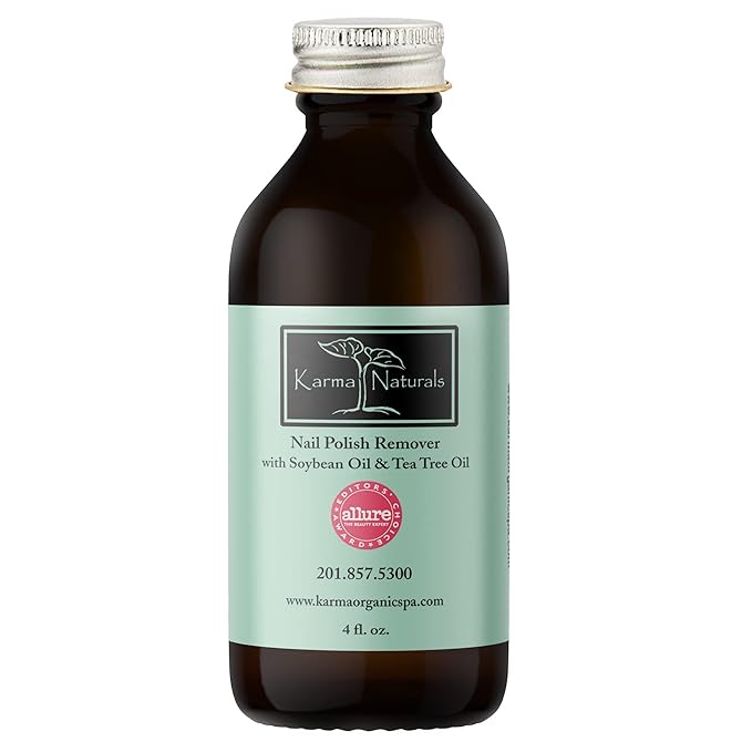 Karma Organic Nail Polish Remover with Soybean Oil and Tea Tree Oil- Non Toxic, Vegan, Cruelty Free, Acetone Free – Nails Strengthener for Fingernails – 4 fl. Oz