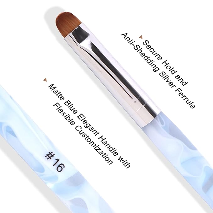 French Manicure Brush - Two Way Nail Art Brush with Dotting Manicure Tool - Professional Salon Quality, Nail Dotting Pen (16#, Blue)