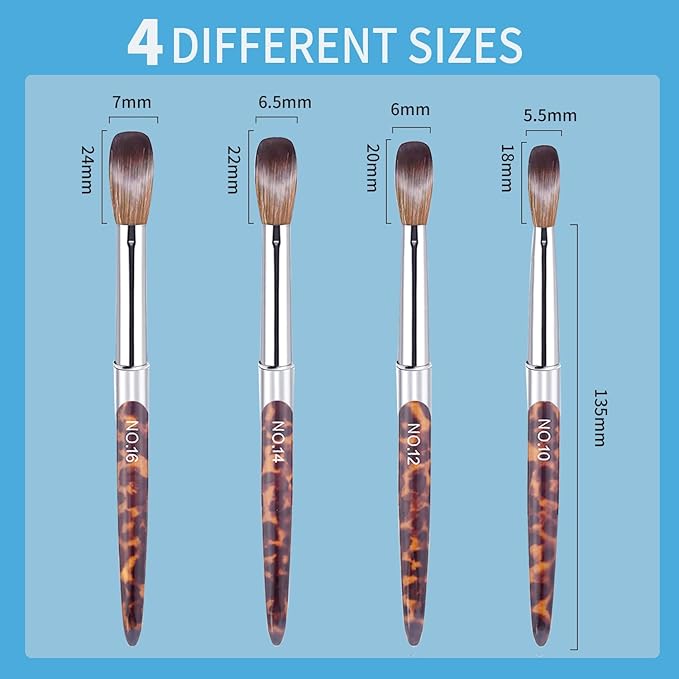 4PCS Professional Acrylic Nail Brush Set - Size 10/12/14/16 Brushes for Acrylic Powder Application, 3D Carving & Nail Art Extension, Leopard Print Handle Nail Tools for DIY Salon Manicure