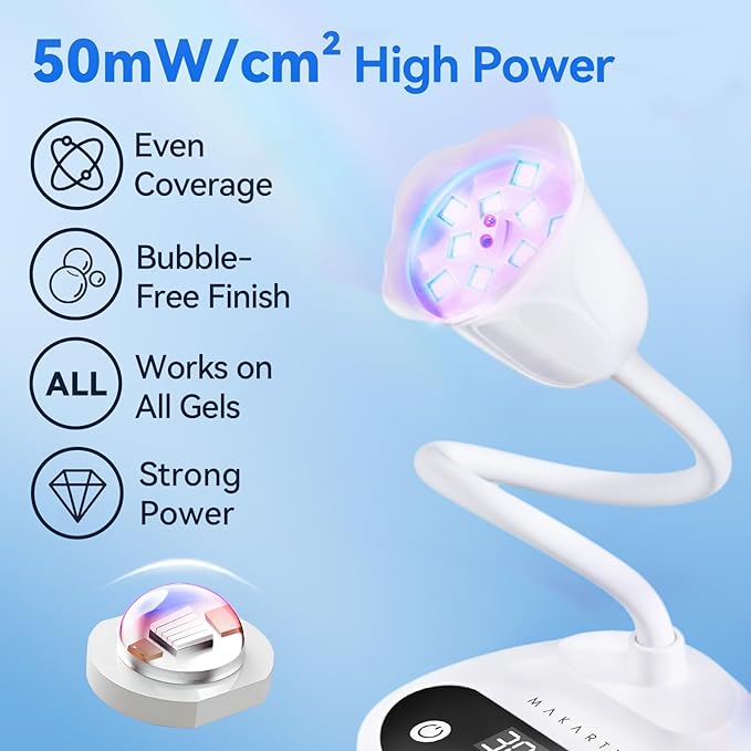 Makartt Flash Cure Nail Lamp: Portable Cordless UV LED Nail Lamp 50 mW/cm² for Gel X & Press-On Nails, Rechargeable USB Gooseneck Nail Dryer with Auto Sensor & 4 Timers for Gel Polish Travel Manicure