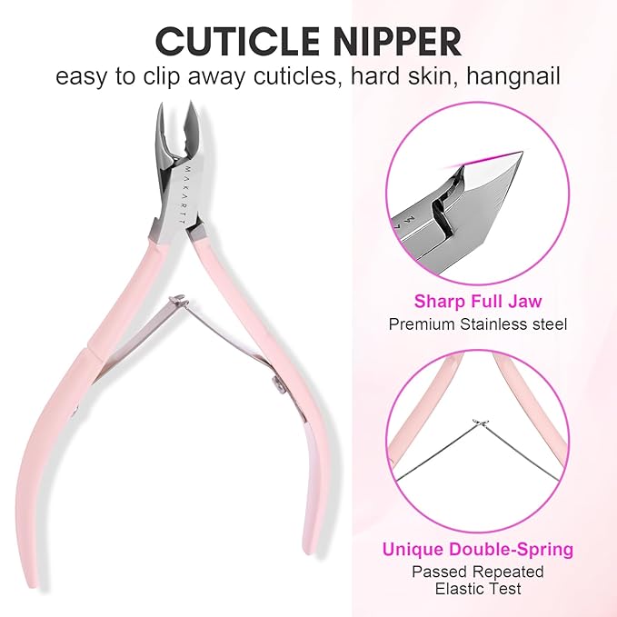 Makartt Cuticle Trimmer with Cuticle Pusher, 3 PCS Pink Nail Cuticle Nipper Professional Pedicure Manicure Tools with Stainless Steel Dual End Pusher, Nail Scraper