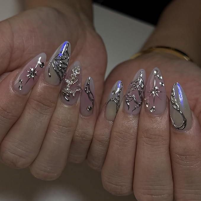 Almond Press on Nails Medium Length Fake Nails with 3D Butterfly Designs Purple Gradient False Nails Full Cover Glue on Nails Sliver Stripe Fake Nails for Women and Girls 24Pcs