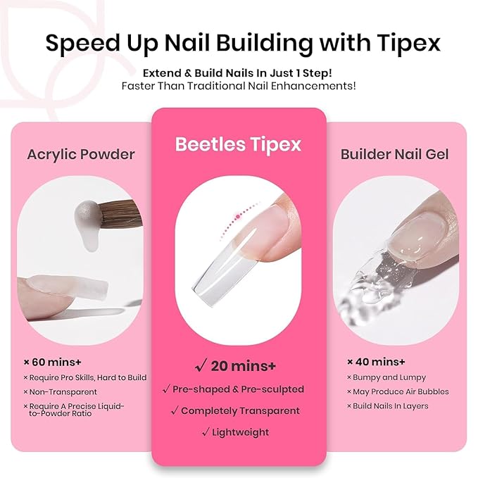 Beetles Tipex Nail Tips Kit Long Square, 224Pcs 16 Sizes,Pre-building Pre-Etched Strong Thicker Acrylic Tips with Mini U V Lamp Tipex Nail Glue