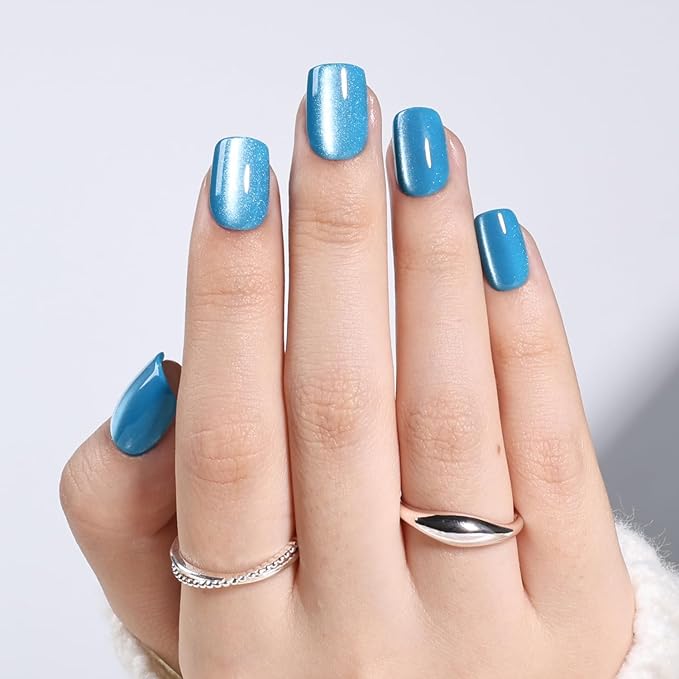 Blue Cat Eye Press On Nails - Short Square Press on Nails Ocean Blue Nails Press Ons for Women, Reusable Glossy Fake Nails Kit with Glue DIY Nails Short in 15 Sizes - 30pcs, Ocean Teal