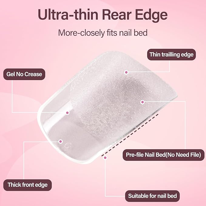 Misssix Short Square Gel Nail Tips, 216Pcs Pre Etched Clear Fake Nails, Full Cover Soft Acrylic False Nail Glue and Nail Glue Remover for Women 12 Sizes
