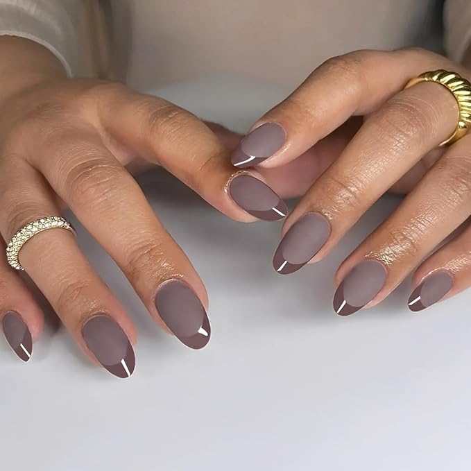 Brown French Press on Nails Short Almond -Pure Brown Nails with Glossy French Tip in a Matte Finish, Soft Gel Reusable Fall Fake Nails Winter Stick on Nails for Women Gift, 32PCS 16 Sizes