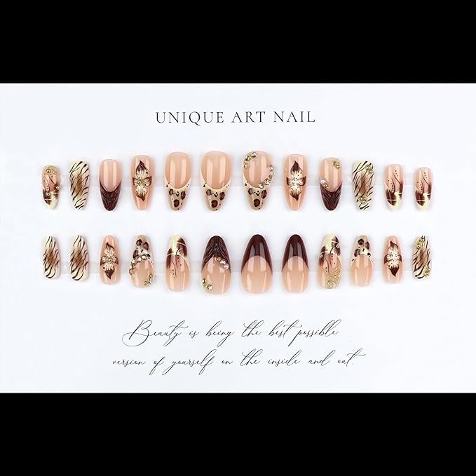 Long Press on Nails Almond Fake Nails Flowers Artificial Nail Leopard and Sparkly Rhinestones Stick on Nail for Women 24pcs