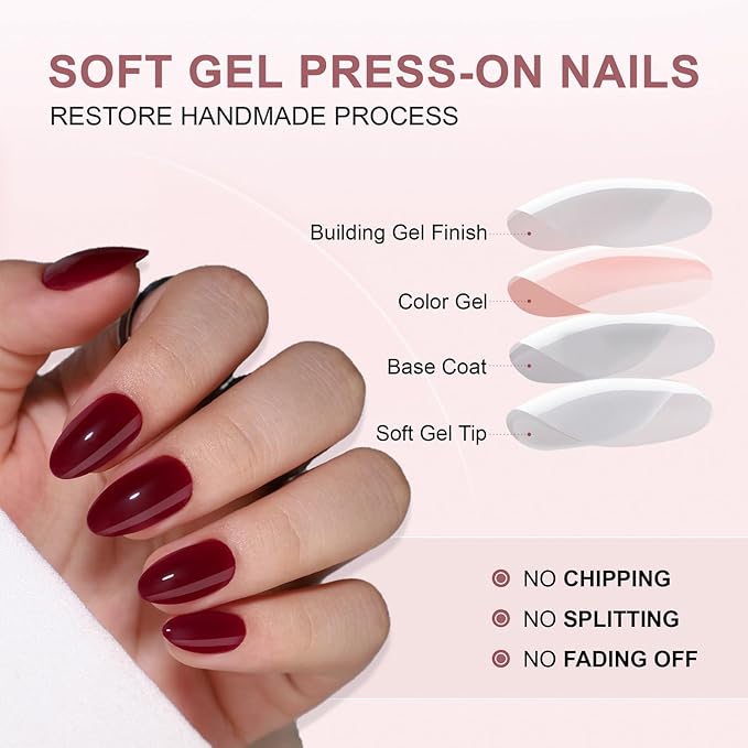 Wine Red Soft Gel Press on Nails Short Fake Nails Almond Shaped Thickened Stick on Nails Full Cover Acrylic Nails Solid Color Designs Glossy False Nails with Nails Glue for Women DIY Manicure