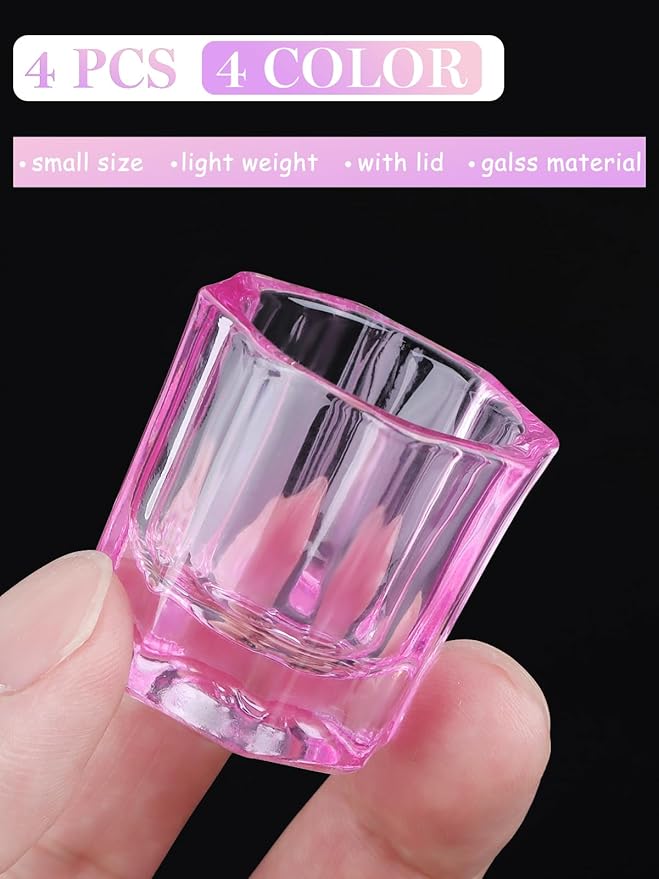 TOROKOM 4 Colors Dappen Dish for Acrylic Nails, Glass Crystal Acrylic Powder Holder with Lid Nail Art Acrylic Liquid Cups Nail Crystal Bowl Glassware Tools for Nail Art Manicure