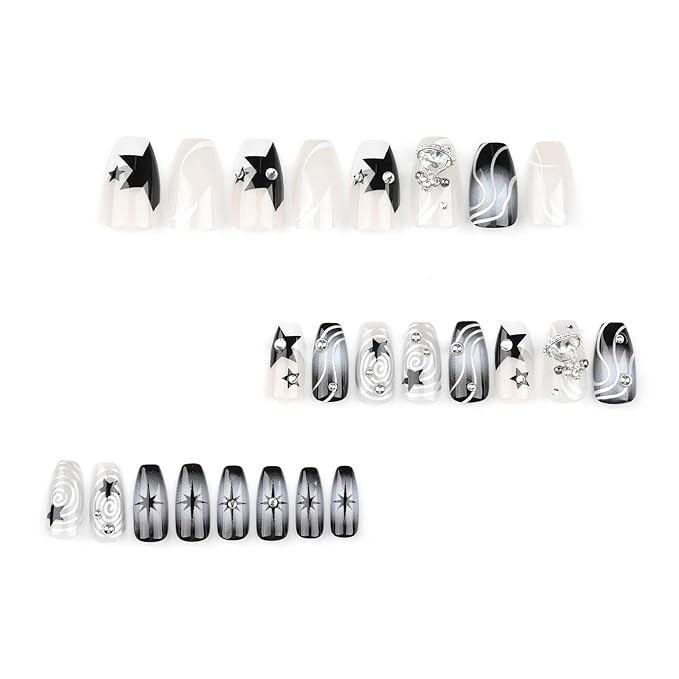 RTKHFZE Press on Nails Medium Coffin Fake Nails Black Gradient Acrylic Press on False Nails with y2k Planet Flash Diamond Artificial Press on Nails with Design Stick on Nails for Women