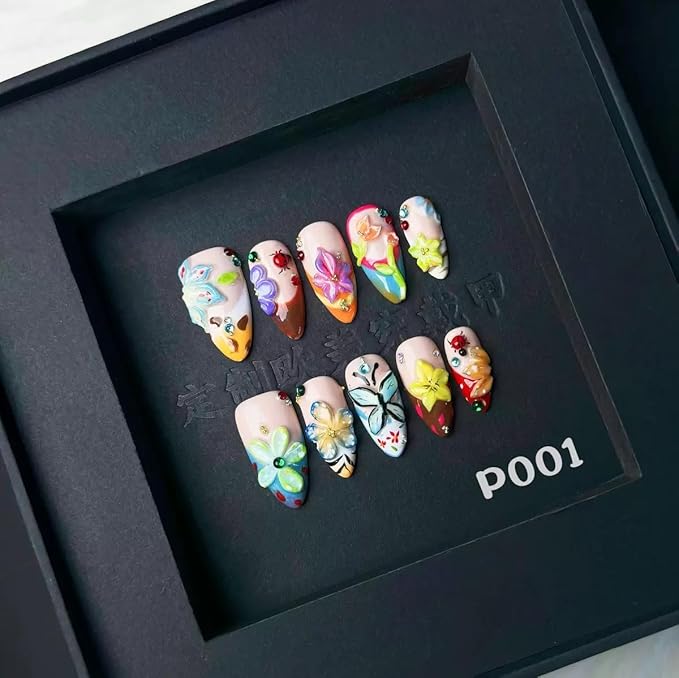 100% Handmade Press on Nails Colorful Flower Medium Almond Fake Nails with 5D Butterfly Design French tip Glue on Nails Floral False Nail Reusable Handmade Nail for Women Manicure Size L