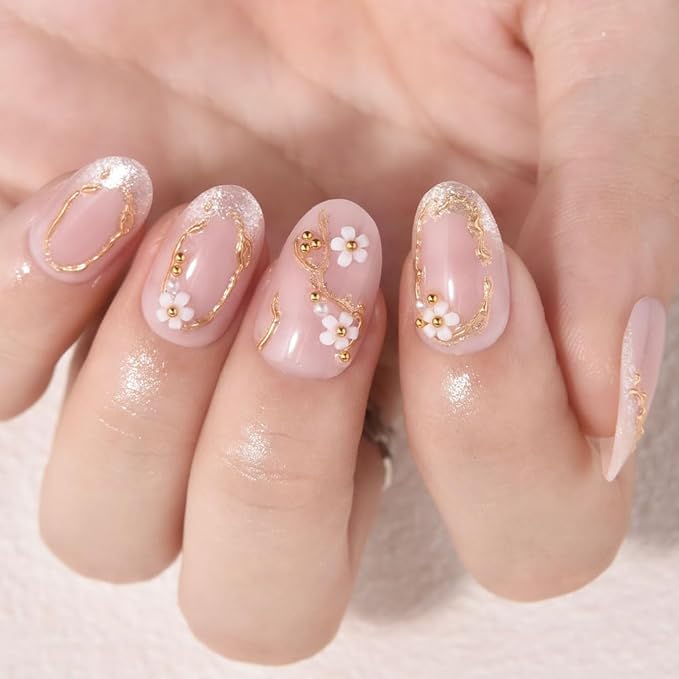 evpct Pink Glitter Press on Nails Short Oval with 3D Gold Line, Glitter French Tip Stick on Nail for Women Gift, Reusable Full Cover Soft Gel Press on Fake Nail with 3D White Flower Gold Design