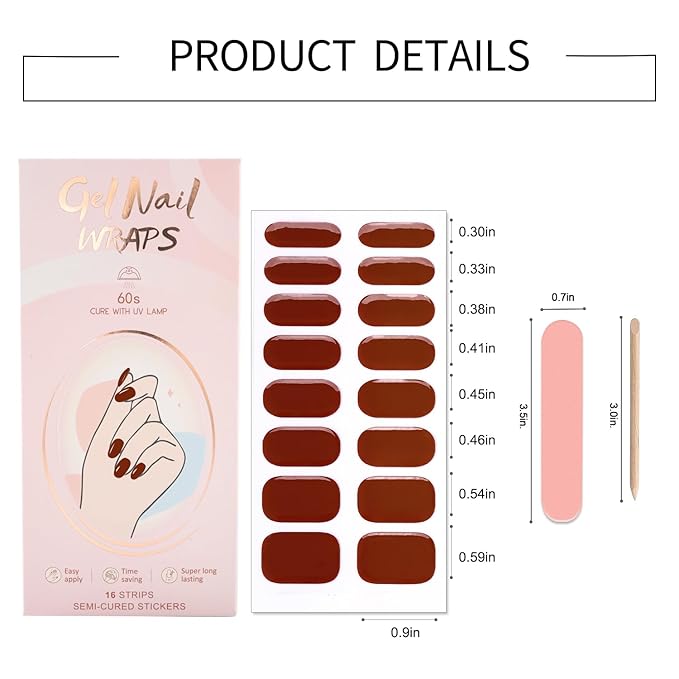 WOKOTO 2 Sheets Semi Cured Gel Nail Strips (Brown)-16 Pcs Per Sheet Gel Nail Stickers | Gel Nail Wraps | Uv Light Required, Salon Quality, Real Nail Polish Strips Stick On Nails Kit With Nail File
