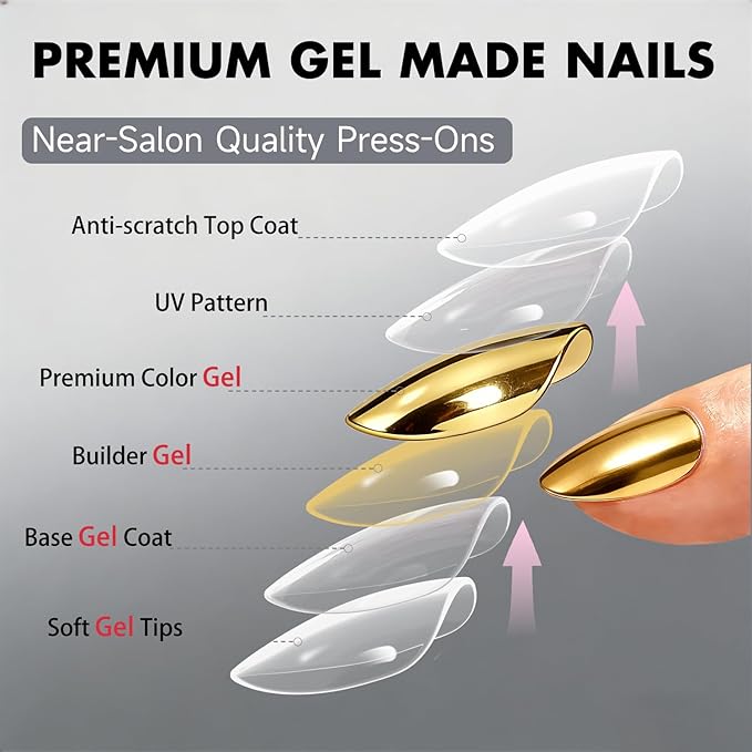 Chrome Press on Nails Short Almond, Metallic Gold Fake Nails with a Sparkle Mirror Finish, Glitter Glue on Nails for Women Birthday Party, Thick Quality Soft Gel Nail Press ons 30 Pcs