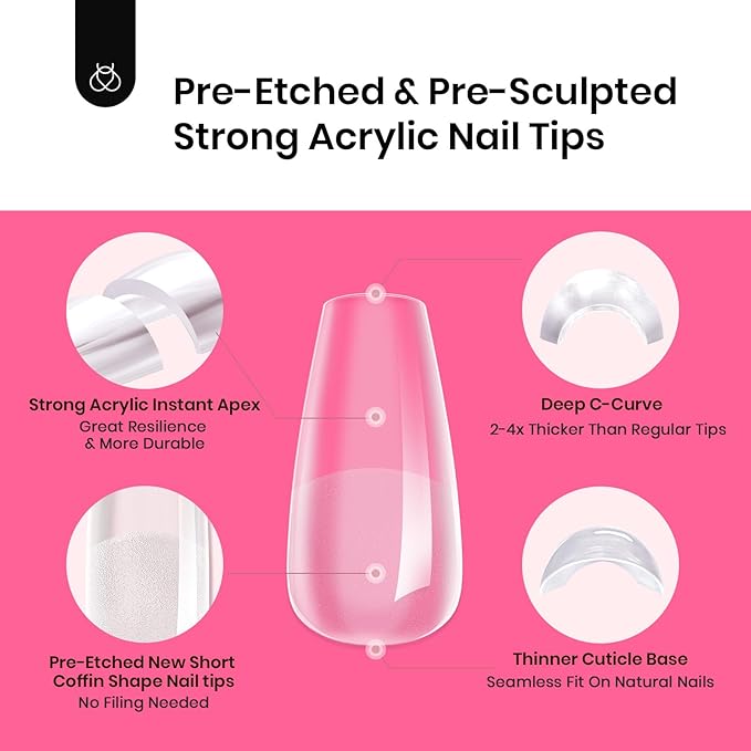 Beetles Tipex Gel Nail Kit Short Coffin Instant Apex Nail Tips, 224 Pcs 16 Sizes Pre-Building Pre-Etched False Nail Tips with Tipex Uv Nail Glue,Mini Nail Lamp-Thick Acrylic Nail Set
