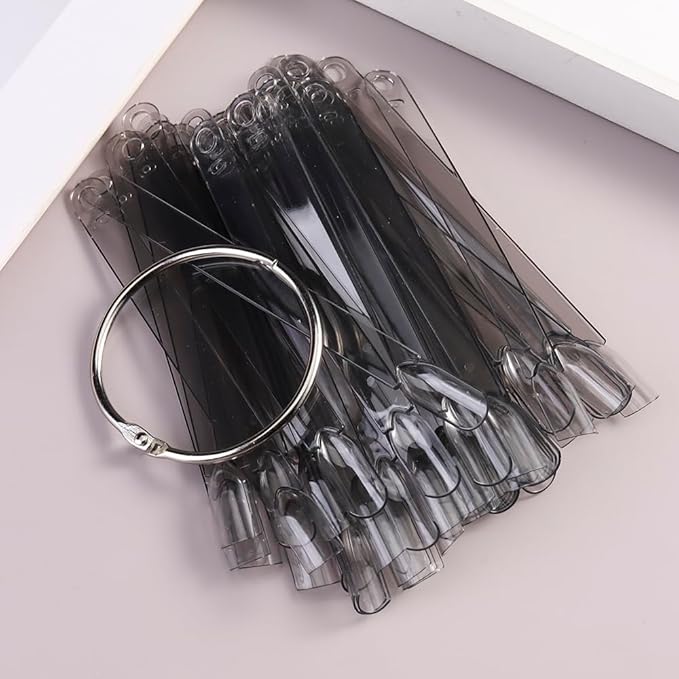 150 Pcs Nail Swatch Sticks with Metal Ring, Transparent Black Square Nail Tips for Nail Art Polish Practice Display, Acrylic False Nail Sample Sticks Nail tech Supplies for Home or Salon Use