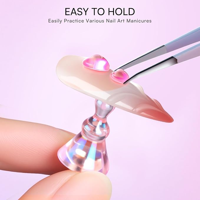 Makartt Press on Nail Stand: Magnetic Nail Holder for Painting Nails DIY Pink for Art Display Practice, Pink Glitter Flower Fake Holder for Home Salon with Reusable Adhesive Putty