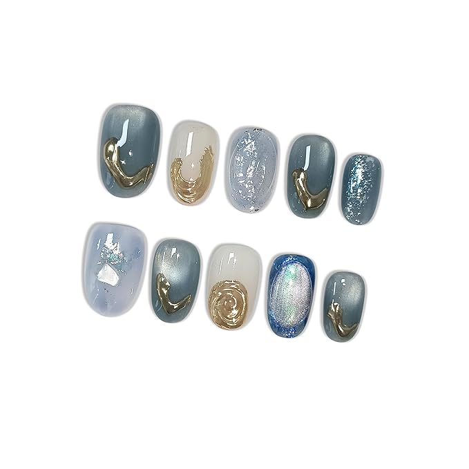 Blue 3D Cat Eye Press on Nails with Handmade Gold Lines, Short Oval Glossy Minimalist Fake Nails, Reusable Elegant False Nails for Women Fall Winter Season Office Daily Wear Full Set, Size M