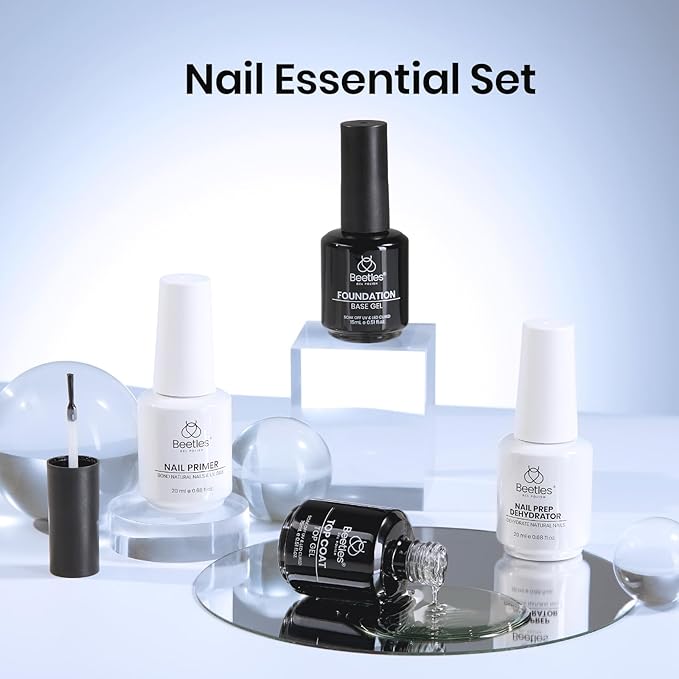 Beetles Base Coat and Top Coat Kit with Nail Dehydrator and Primer, Professional Nail Prep Acid-Free Hema-Free Dehydrate Bond Primer Set for Nail Manicure Gift for Women