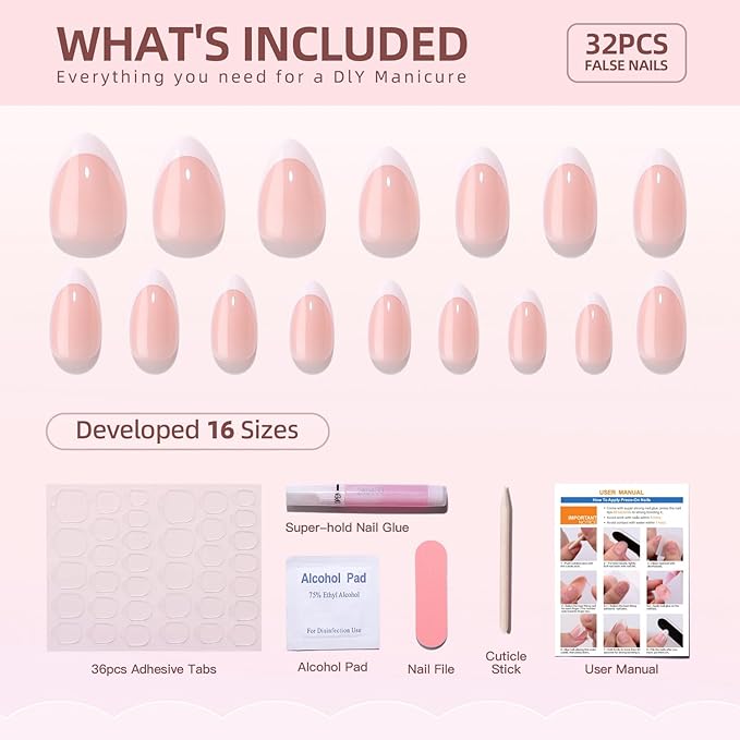 White French Tip Almond Shaped Soft Gel Press on Nails Short Fake Nails with Nail Glue Designs Glossy Pink Thickened False Nails Full Cover Acrylic Nails Salon Quality Stick on Nails for Women