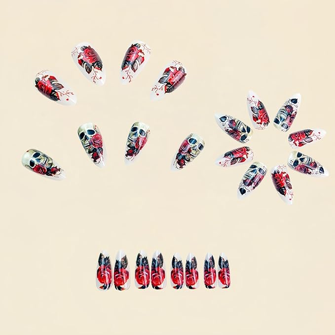 Halloween Press on Nails | Gothic Fake Nails with Rose & Skull Designs,Medium Almond False Nails,Full Cover Glossy Acrylic Nails,Stick on Nail for Women Girls Halloween Nail Art Decor 24Pcs