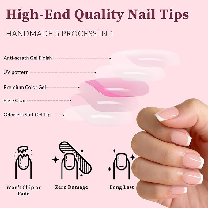 120PC White French Tip Press on Nails Short Fake Nails Press ons with 5*Adhesive Tabs, Pink Coffin Acrylic Nail Press on Nail French Tip Nails False Artificial Fingernails Stick on Nails-H