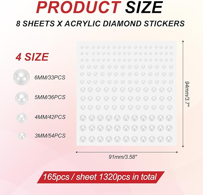 PATIKIL 1320 Pcs Acrylic Gem Sticker, 4 Size 3/4/5/6mm Self Adhesive Rhinestones Face Gem Stones Bling Jewelry for Nail Art Craft Clothes DIY Makeup Decoration Party, Pearl White