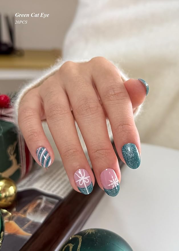 Semi Cured Gel Nail Strips (Green Cat Eye), Christmas Snowflake, Bow, 20 Pcs Gel Nail Wraps, Stickers, Long Lasting, Works with Any UV Lamps