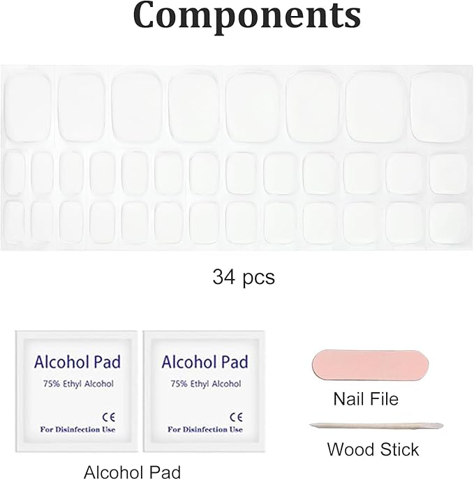 34 Pcs Semi Cured Gel Toe Nail Strips White Solid Gel Nail Stickers Full Cover Nails Wraps Self Adhesive Toe Nails Polish Strips Stickers for Women UV/LED Light Required