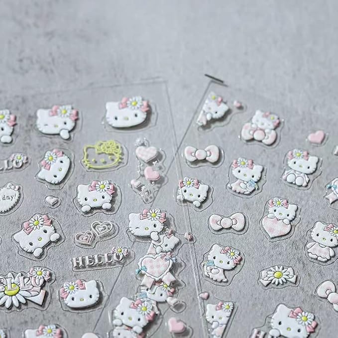 Dedyel Cute Nail Stickers 5D Embossed Cartoon Cat Nail Stickers Kawaii Animal Self-Adhesive Nail Decals for Women Girls Kids Nail Art Decoration