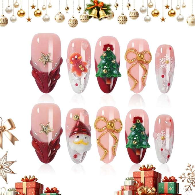 Cute Press On Nails, Handmade 3D Acrylic Fake Nails with Santa, Christmas Tree & Gingerbread Man, Red French Almond Reusable Holiday Nail Tips for Women