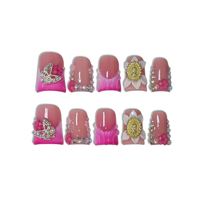 Duckbill Press on Nails,Glossy Pink French Tip Fake Nails with 3D Butterfly & Rhinestone Design,10PCS Glitter False Nails for Everyday Wear Party Vacation Work,Duck Shape Glue on Nails(L)