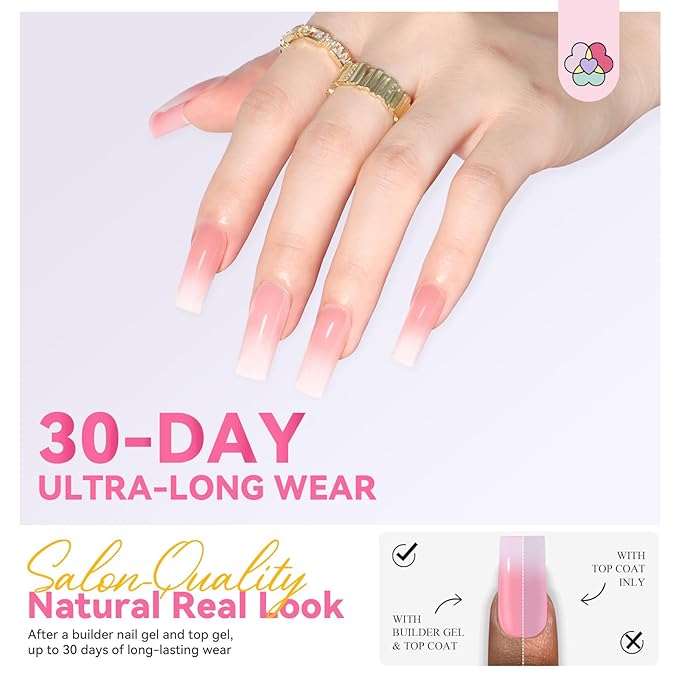 SAVILAND Press On Nails for Women: With Builder Gel for Nails 16 Sizes Long Square French Tip Gel Nail Kit Pink White Ombre U V Nail Glue and Remover Gels Lamp Top Coat and Primer Kit