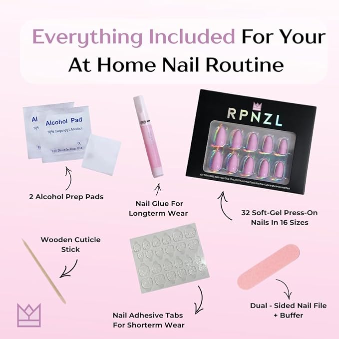 Press On Nails - Ocean | Blue Chrome French Tip with Pearl Design, UV Finish Almond Nails, Salon Quality | 32 Nails, 16 Sizes Kit with Glue and Adhesive Tabs I Female Founded