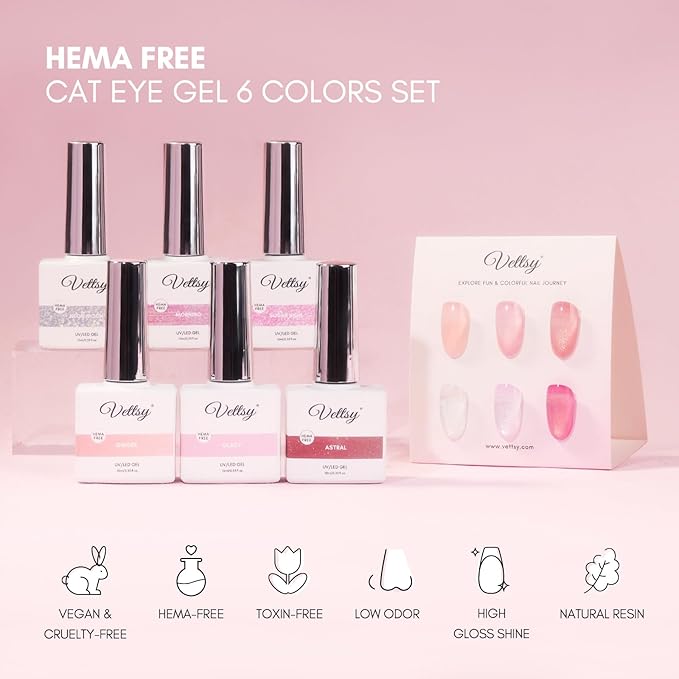 vettsy HEMA-Free Pink & Shimmer Gel Nail Polish Set - 6 Elegant Long-Lasting Soak-Off UV/LED Gel Polishes - Vegan, Cruelty-Free & Allergy-Friendly for Radiant Nails