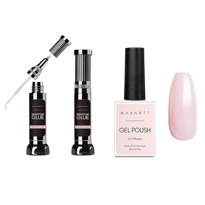Makartt Nail Rhinestone Glue with Natural Nude Gel Polish Bundle, Clear Nail Glue Precision Pen Nail Art Glue Gel, Jelly Pink Glitter Gel Polish Summer 15ML Soak Off UV LED Gel Polish