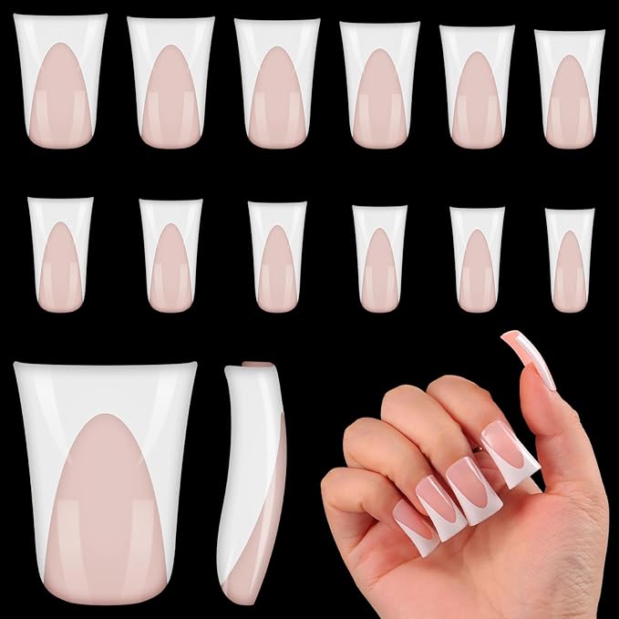outopen 120pcs Duck Nail Tips Short Flesh Pink French Duck Tips Full Cover Fan Flare Duck Tips for Wide Press on Nail Crystal Duck Feet Nail Tips for Polygel Acrylic Extension, 12 Sizes