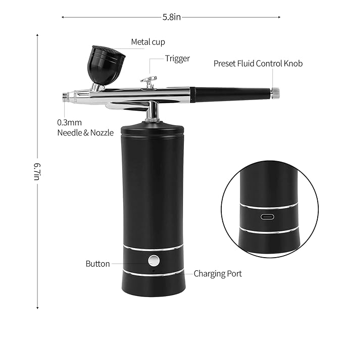 Airbrush Kit Air Brush Kit With Air Compressor Nail Charms Wireless Air Brush for Barber, Nail Art, Cake Decor, Makeup, Model Painting (Black - with extension tube)