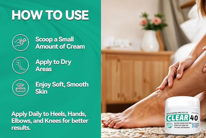 CLEAR 40, 40% Urea Gel, 4 oz w/Tea Tree & Coconut Oil, Aloe Vera Extract, Works on Calluses & Corns, Moisturizes & Softens Cracked Heels, Feet, Elbows, Hands, Nails, Superior Hydration to Urea Creams