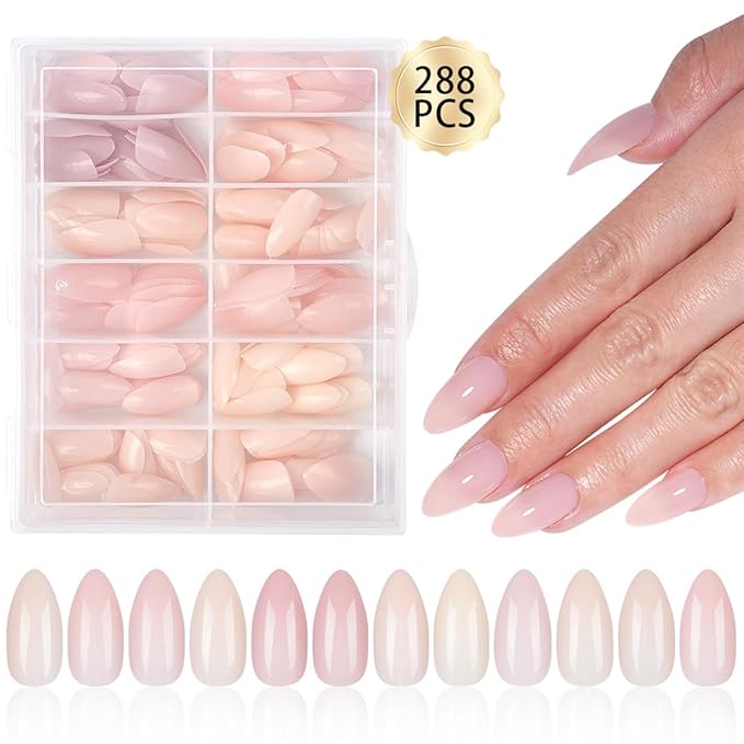 288Pcs Almond Press on Nails Medium Fake Nails 10 Color Nude False Nails Full Cover Acrylic Stick on Nails Nude Nail Press ons Handmade Full Cover Acrylic Glue on Nail for Women Manicure 10 Packs
