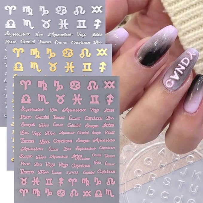 Twelve Constellation Nail Art Zodiac Letter Nail Design Stickers - Gold, Silver, Pink - 3D Self-Adhesive Zodiac Nail Decals for Women & Acrylic Nail Tips - 6 Sheets
