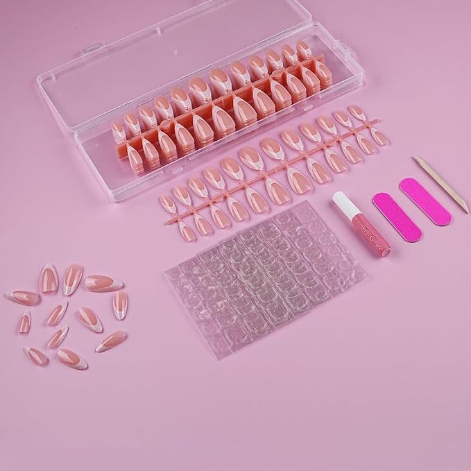 Lamemoria Pre-Design Geled Almond French Tip Press On Nails,Medium White French Nail Tips, Basic Salon Fake Nail Kit Set With Glue/Tabs/File, 240 PCS